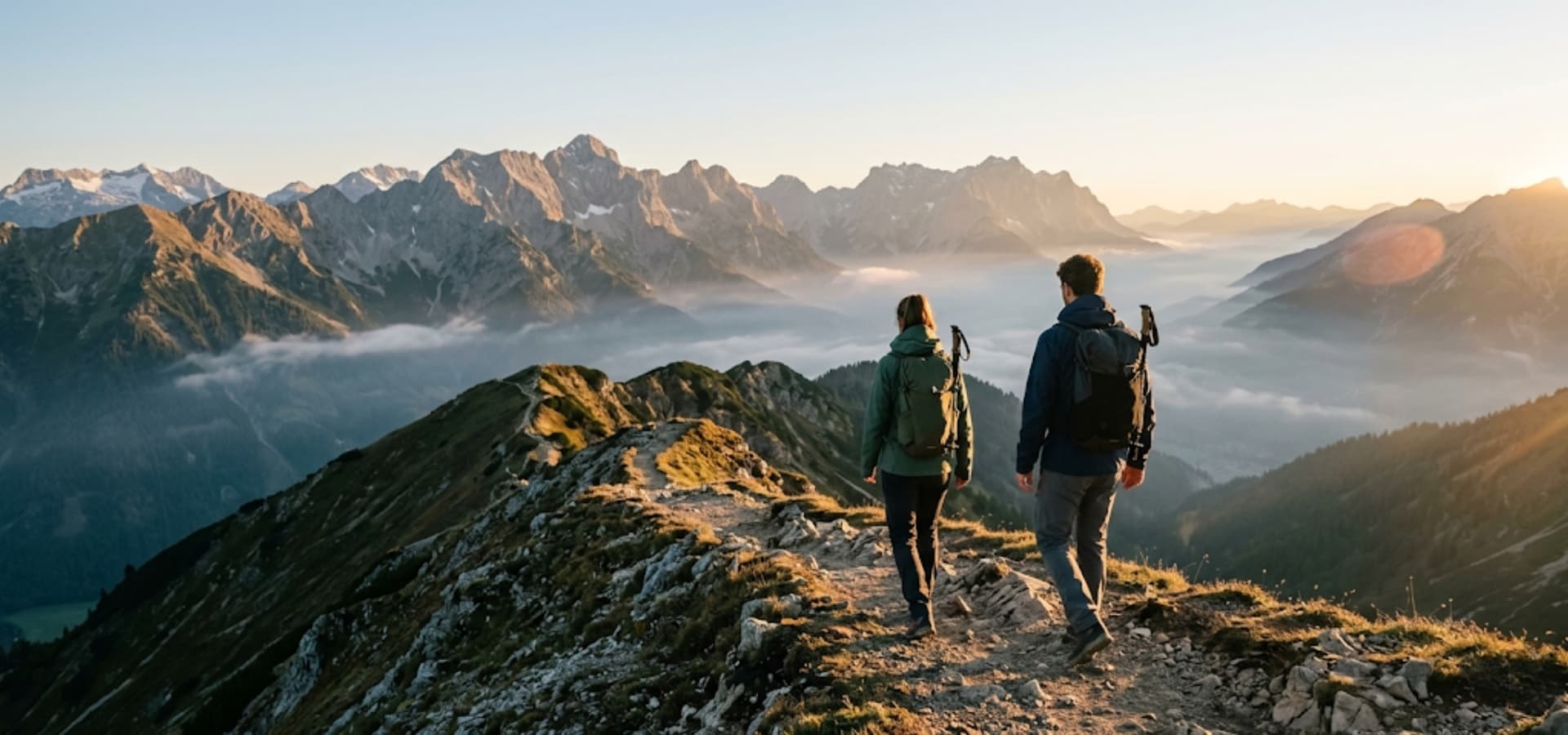 Bergpanorama bei Morgenstimmung mit Wanderer im Hintergrund, Gipfeltest testet Outdoor-Ausrüstung draußen in den Alpen und Mittelgebirgen