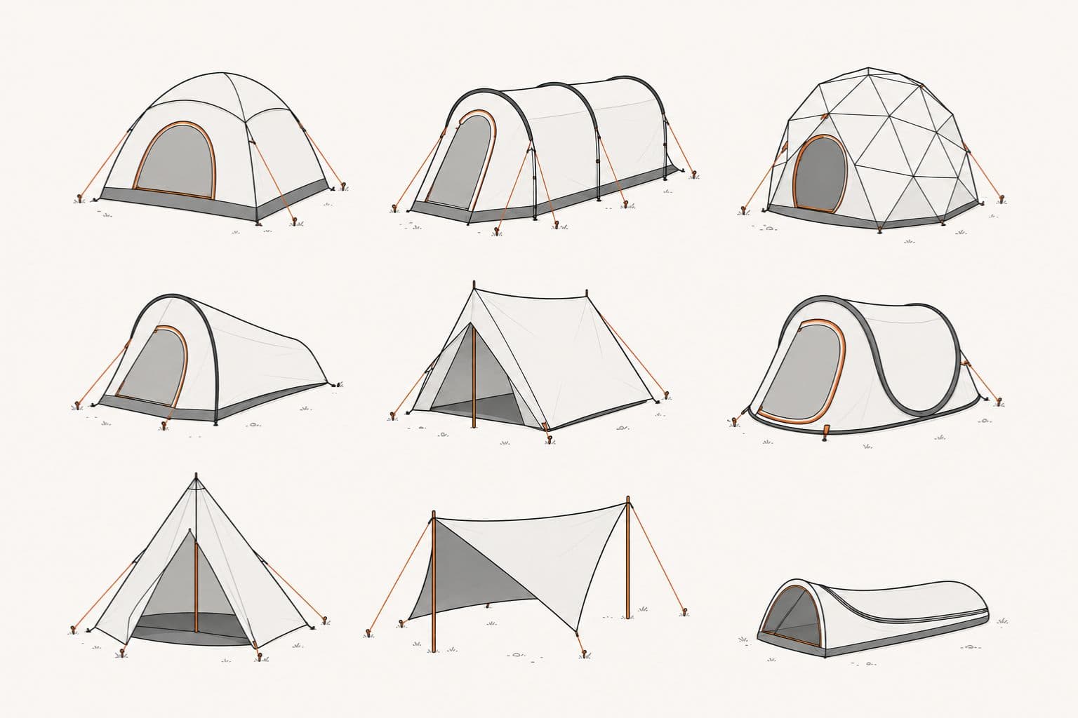 Schematische Übersicht der Zeltarten: Kuppel, Tunnel, Geodät, Einbogen, First, Wurfzelt, Pyramide, Tarp und Biwakzelt als Silhouetten