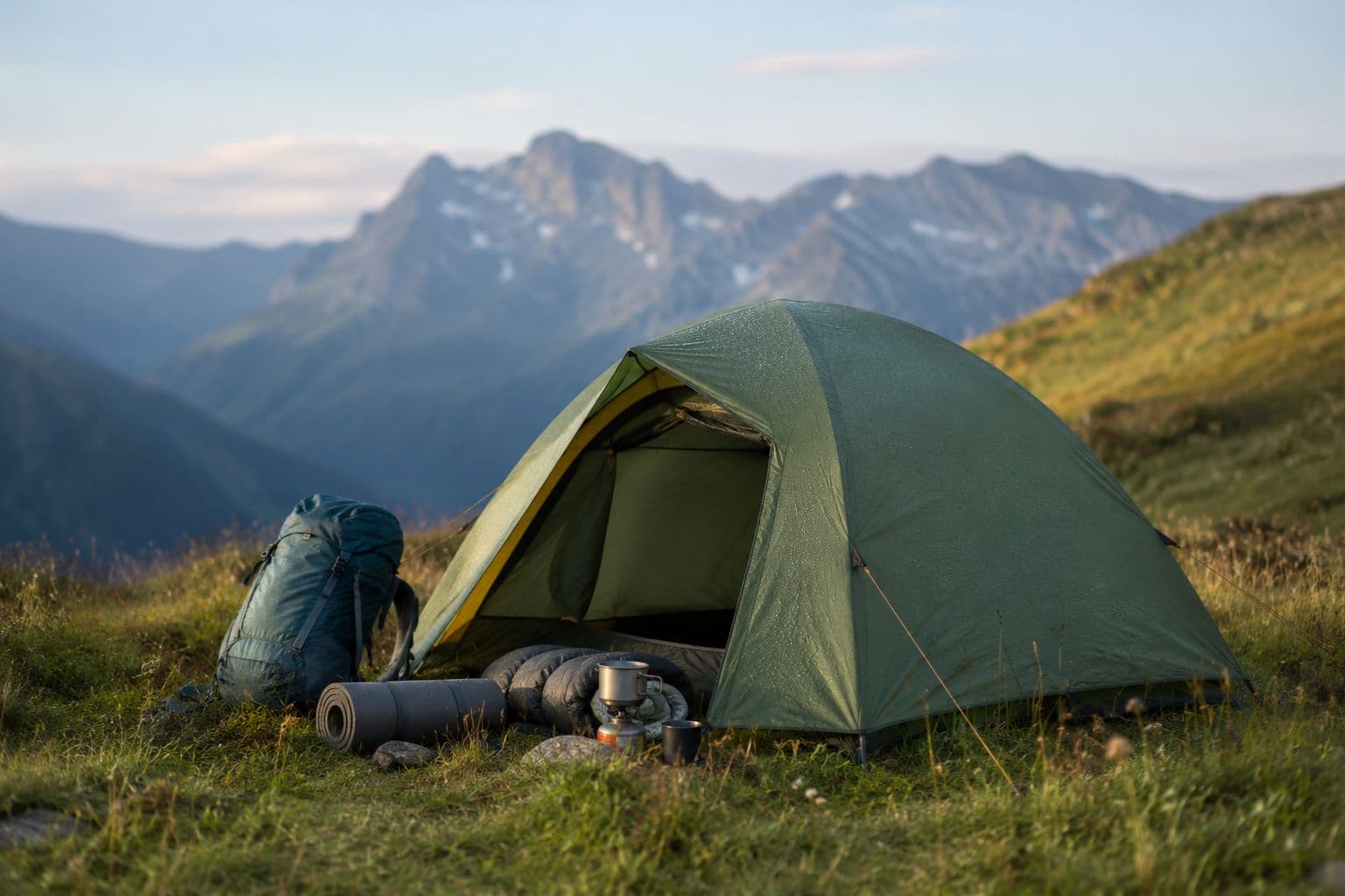 Grünes 3-Jahreszeiten-Kuppelzelt auf einer Almwiese im Morgenlicht, daneben Rucksack und Ausrüstung, Bergkulisse im Hintergrund