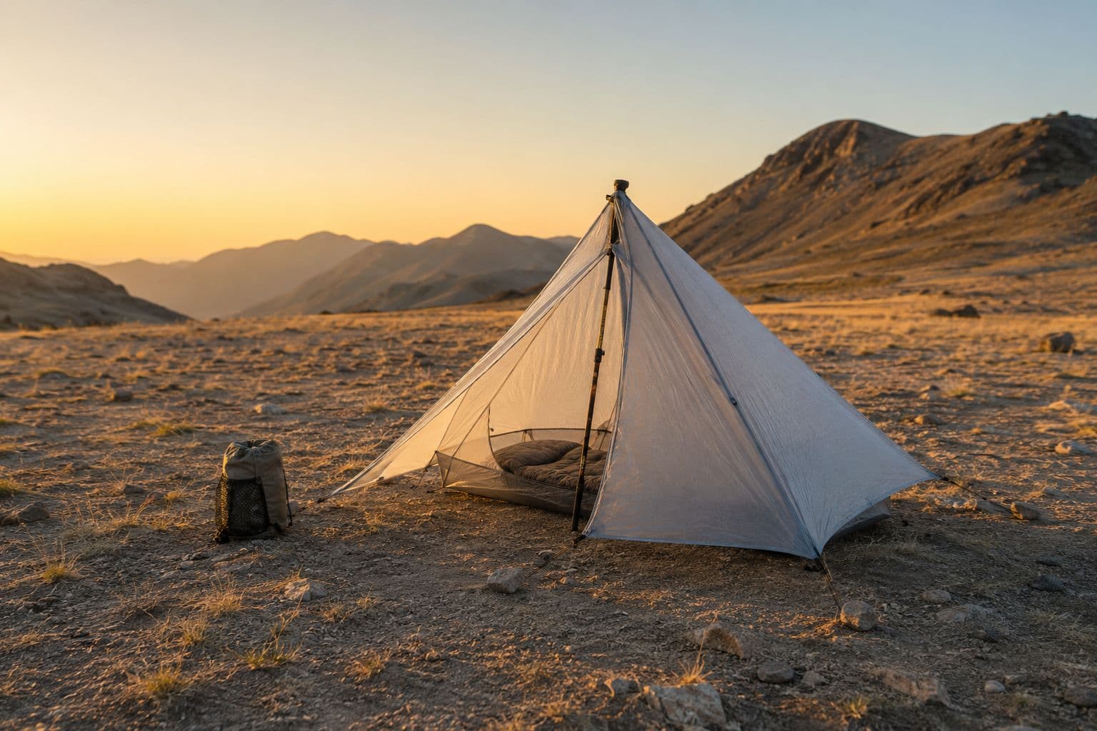 Mit Trekkingstöcken aufgestelltes ultraleichtes Einwand-Shelter in karger Trekking-Umgebung im goldenen Abendlicht
