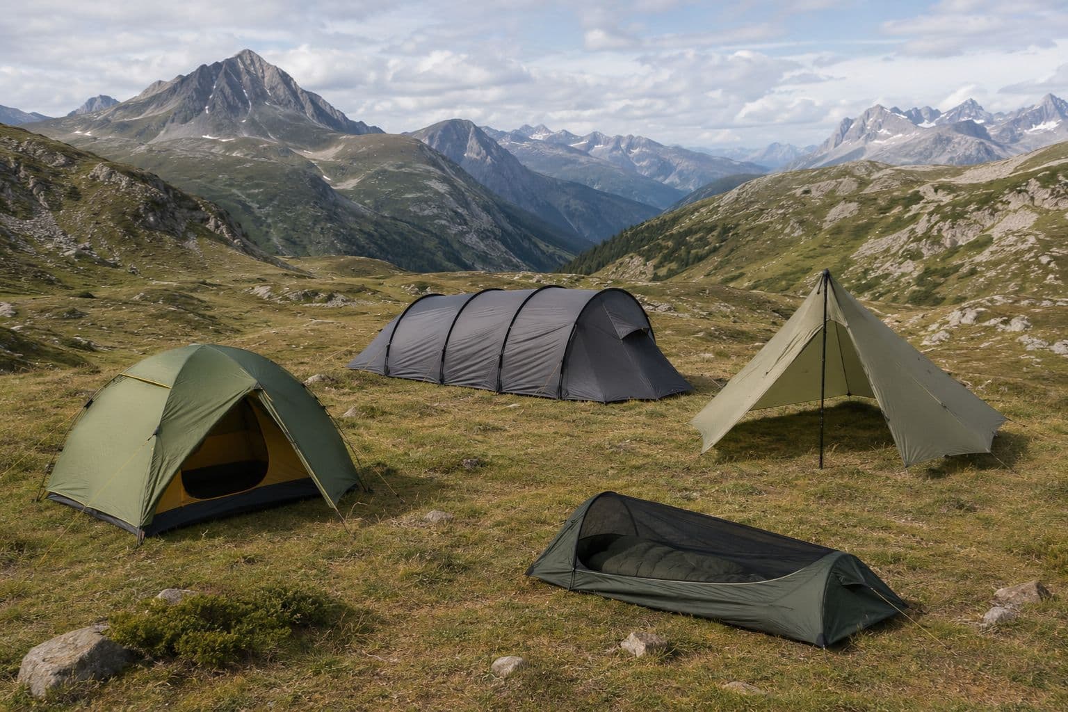 Verschiedene Zelttypen über eine Berglandschaft verteilt als Übersicht der Bauformen